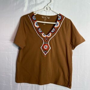 Brown Embroidered Short Sleeve Top